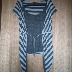 Light/Dark Grey Striped Tie Front Top with Chetah Shear Print Undershirt